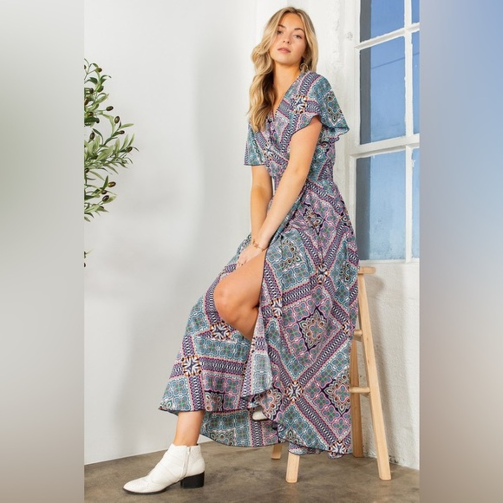 Tribal Maxi Wrap Dress with Waist Smoking